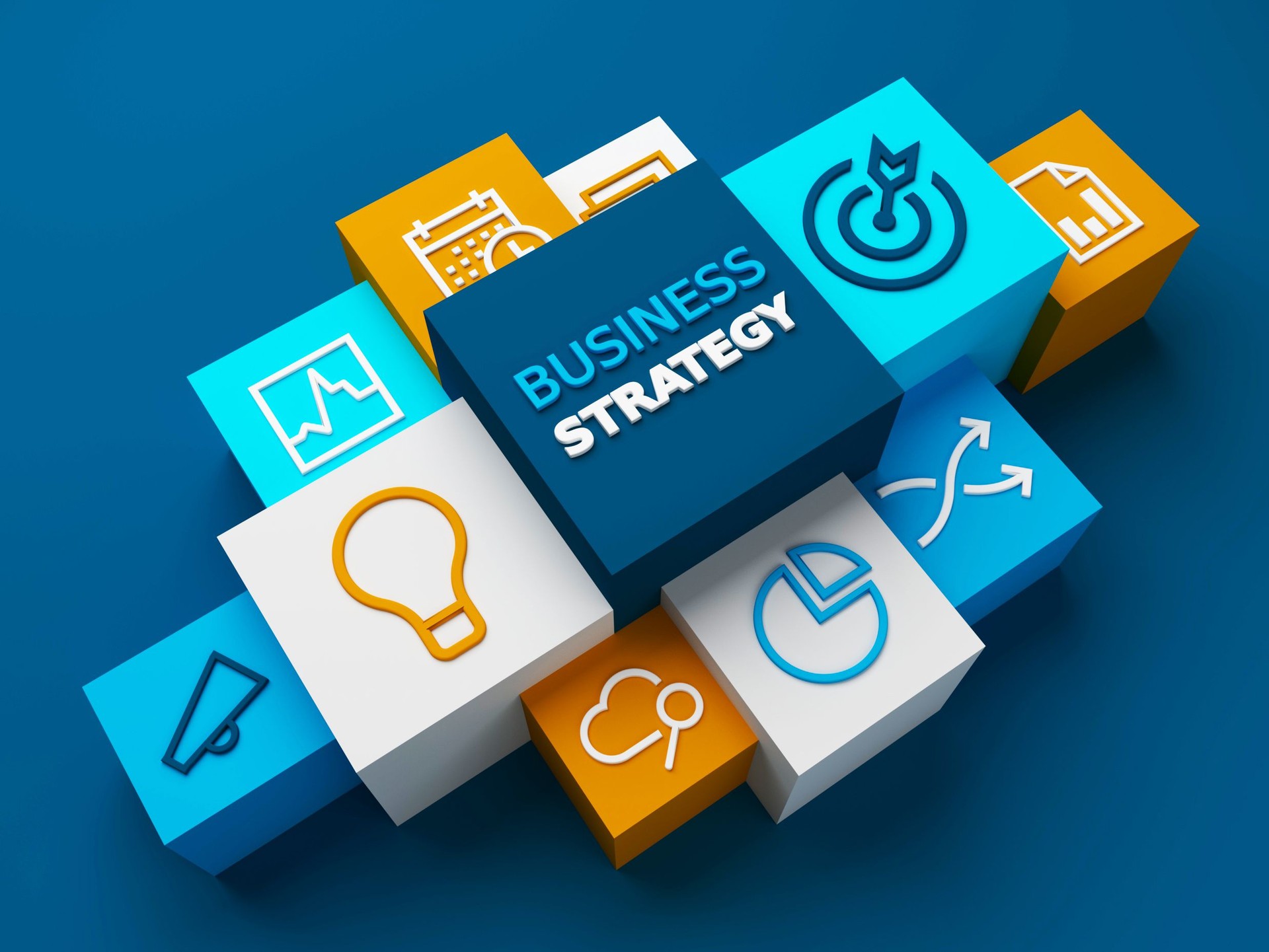 3D render of BUSINESS STRATEGY business concept with symbols on colorful cubes on dark blue background